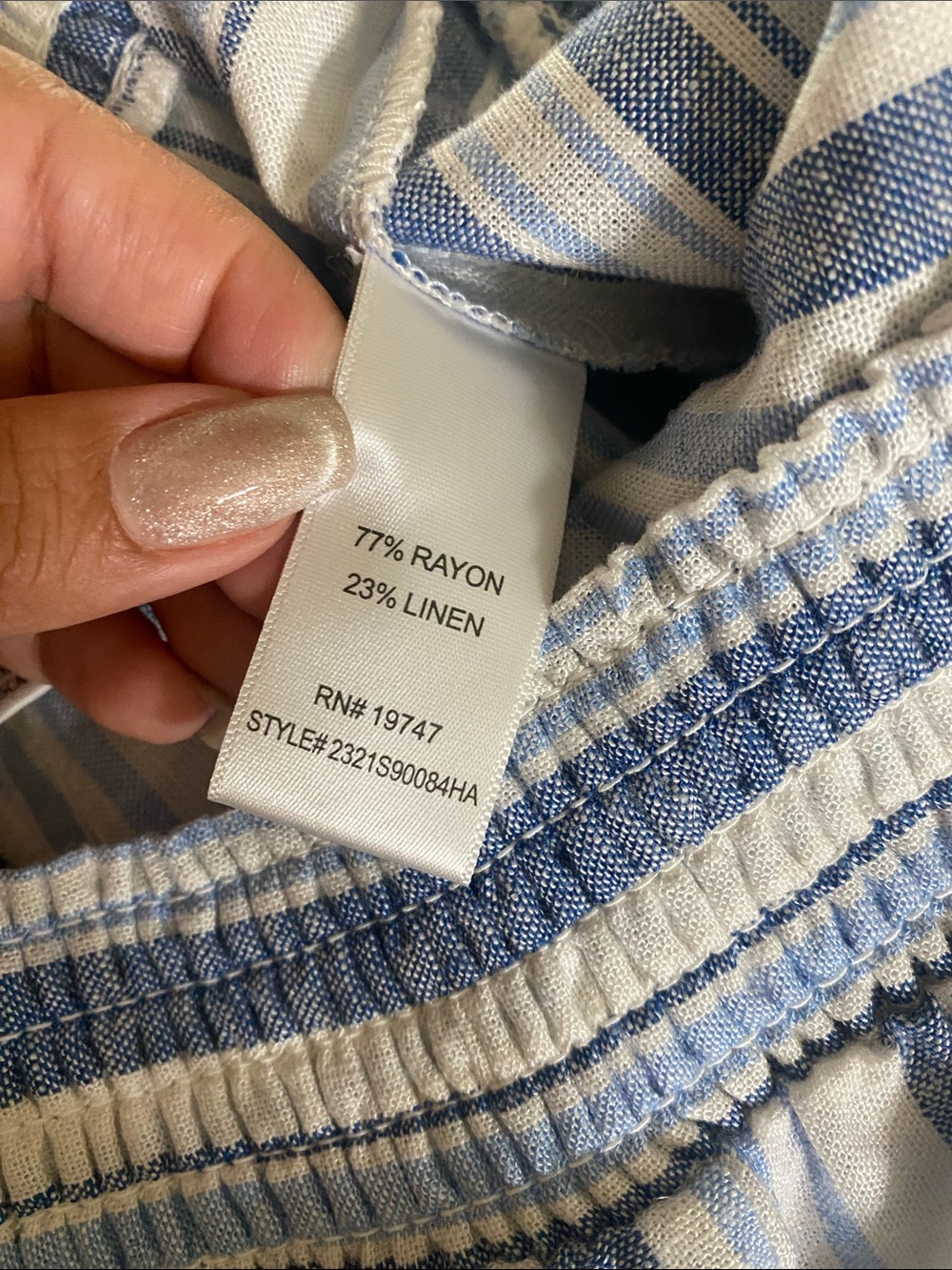Blue and White Striped Elastic-Waist Linen Blend Pants - Picture 5 of 5
